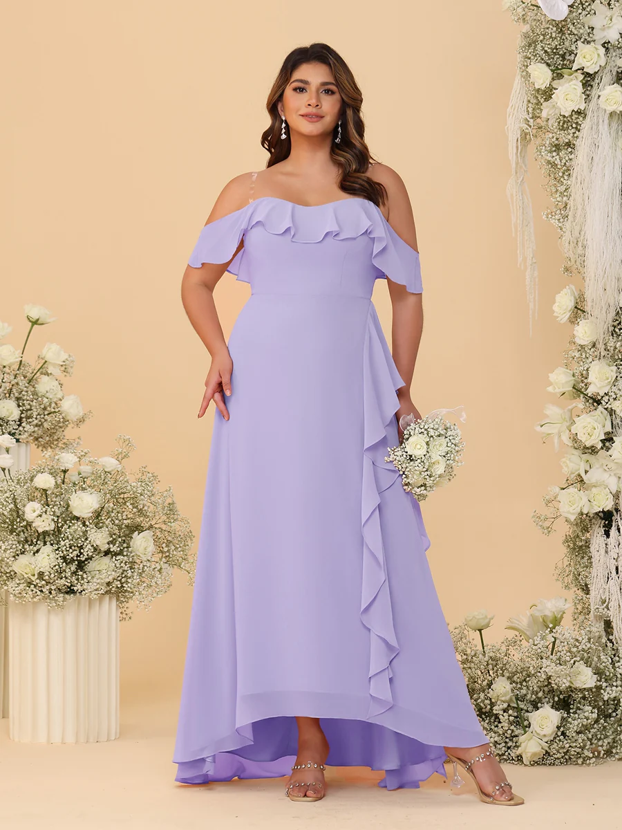 A-Line/Princess Off-the-Shoulder Plus Size Bridesmaid Dresses with Ruffles - Image 38