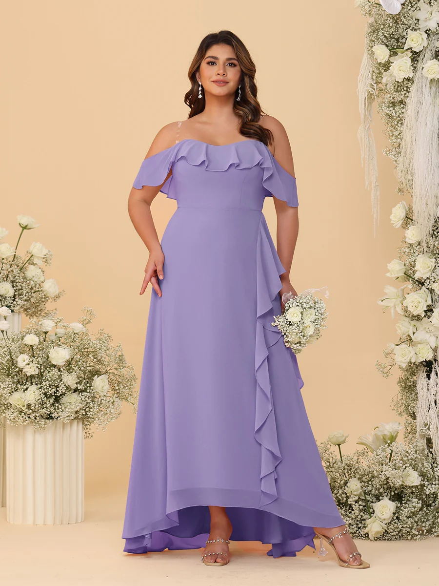 A-Line/Princess Off-the-Shoulder Plus Size Bridesmaid Dresses with Ruffles - Image 72
