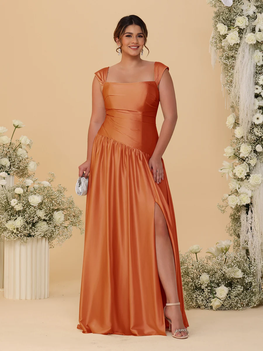 A-Line/Princess Off-the-Shoulder Plus Size Bridesmaid Dresses With Side Slit & Pleats - Image 15