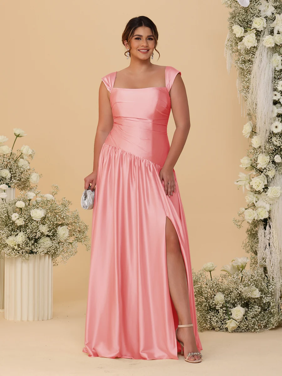 A-Line/Princess Off-the-Shoulder Plus Size Bridesmaid Dresses With Side Slit & Pleats - Image 16
