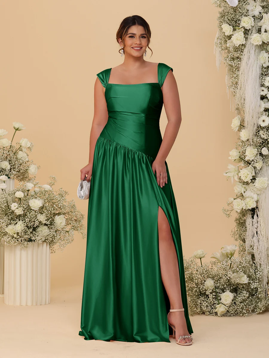 A-Line/Princess Off-the-Shoulder Plus Size Bridesmaid Dresses With Side Slit & Pleats - Image 21