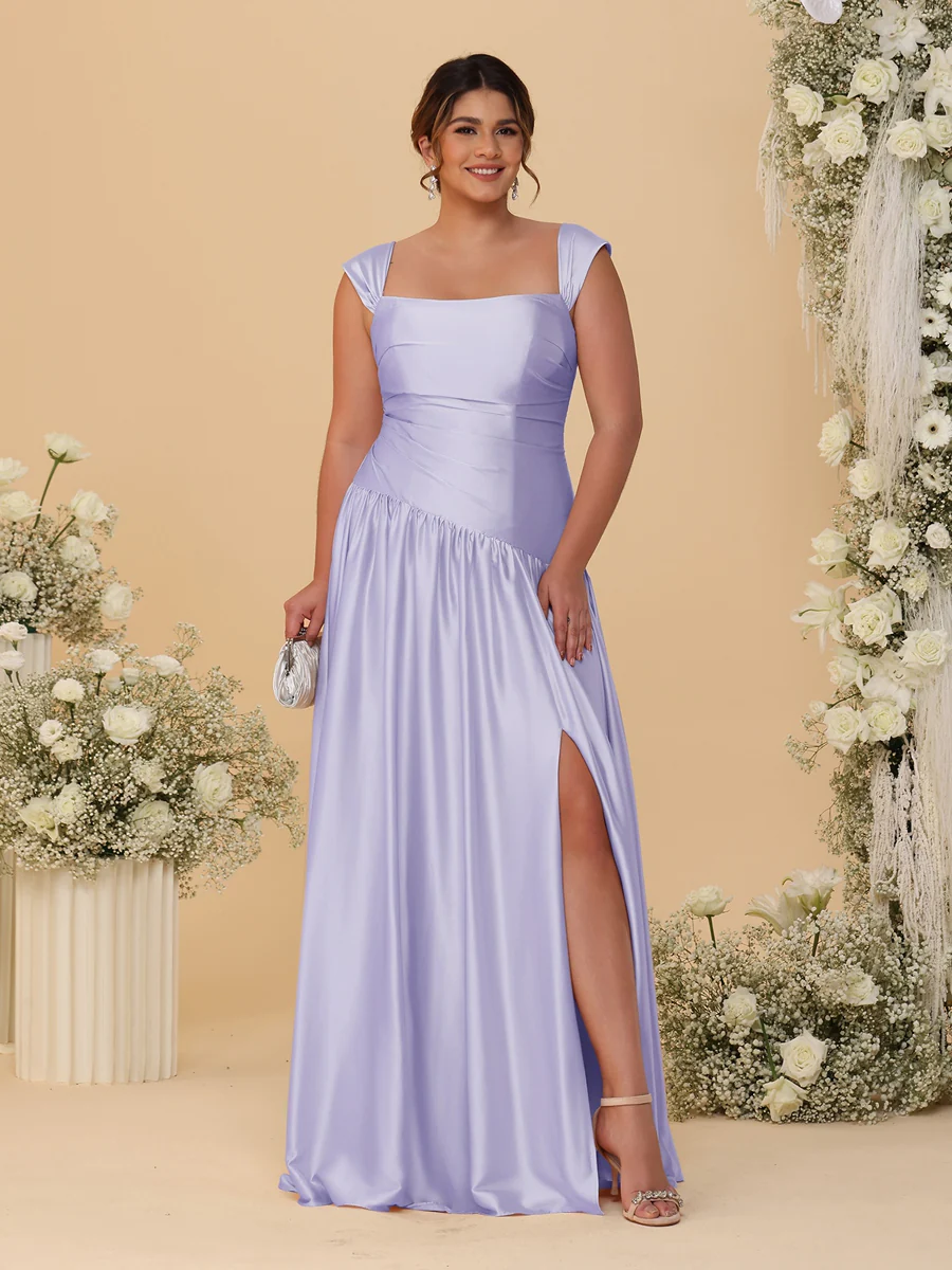 A-Line/Princess Off-the-Shoulder Plus Size Bridesmaid Dresses With Side Slit & Pleats - Image 28