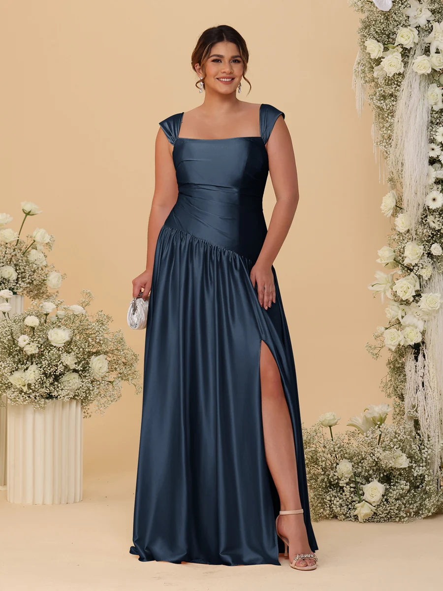 A-Line/Princess Off-the-Shoulder Plus Size Bridesmaid Dresses With Side Slit & Pleats - Image 52