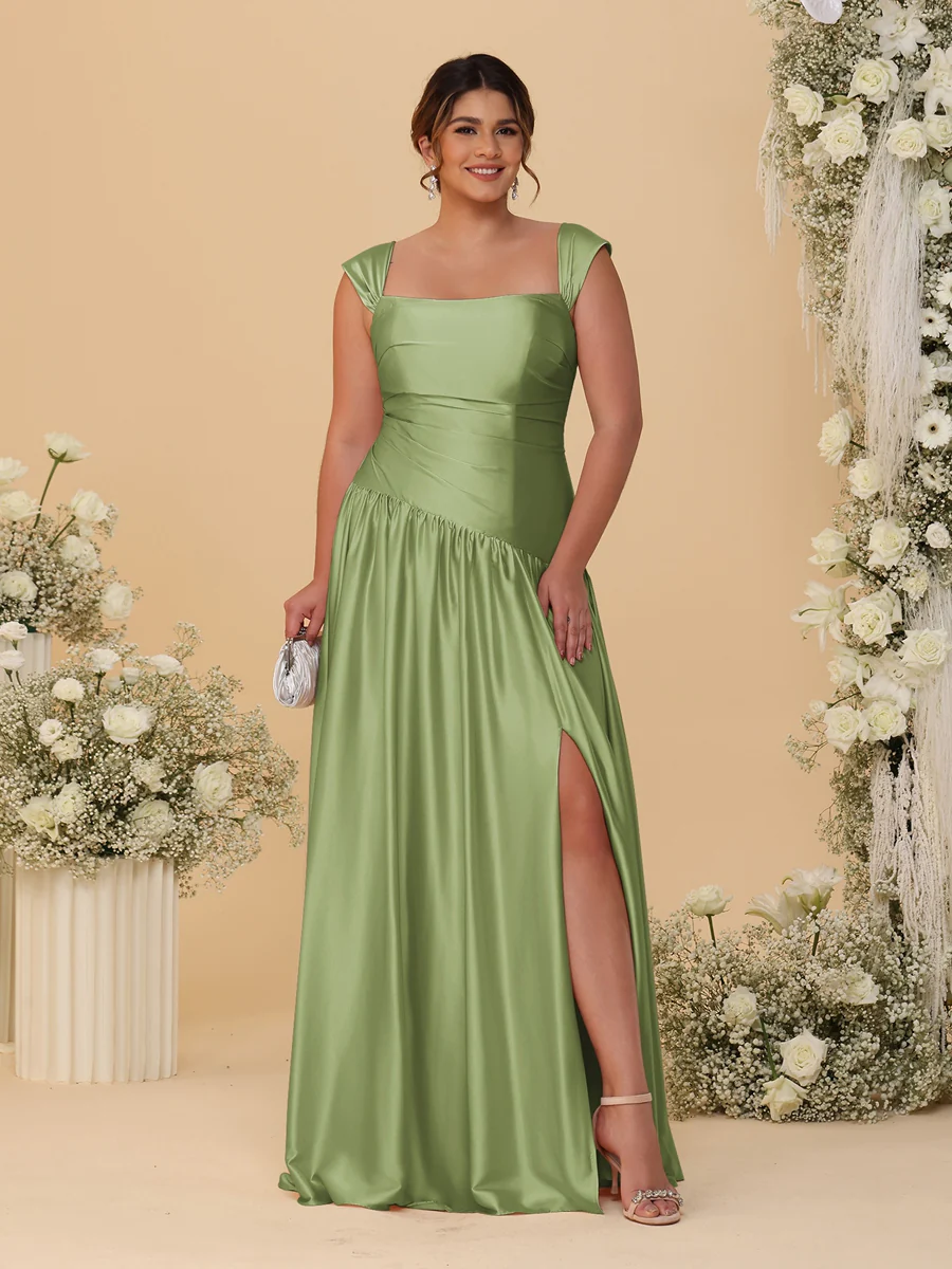 A-Line/Princess Off-the-Shoulder Plus Size Bridesmaid Dresses With Side Slit & Pleats - Image 55