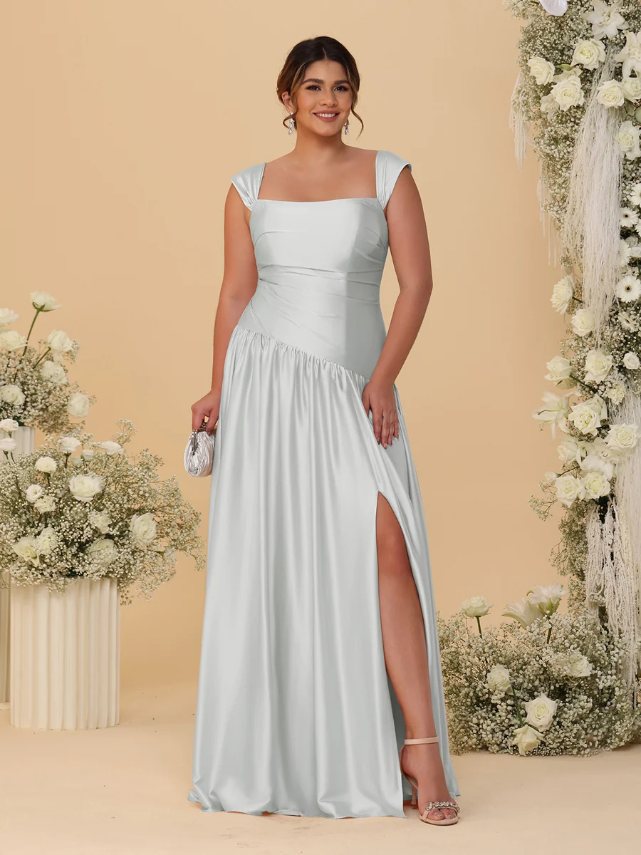 A-Line/Princess Off-the-Shoulder Plus Size Bridesmaid Dresses With Side Slit & Pleats - Image 6