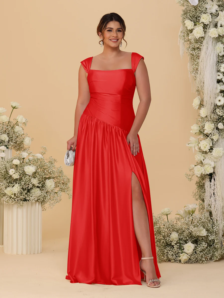 A-Line/Princess Off-the-Shoulder Plus Size Bridesmaid Dresses With Side Slit & Pleats - Image 9