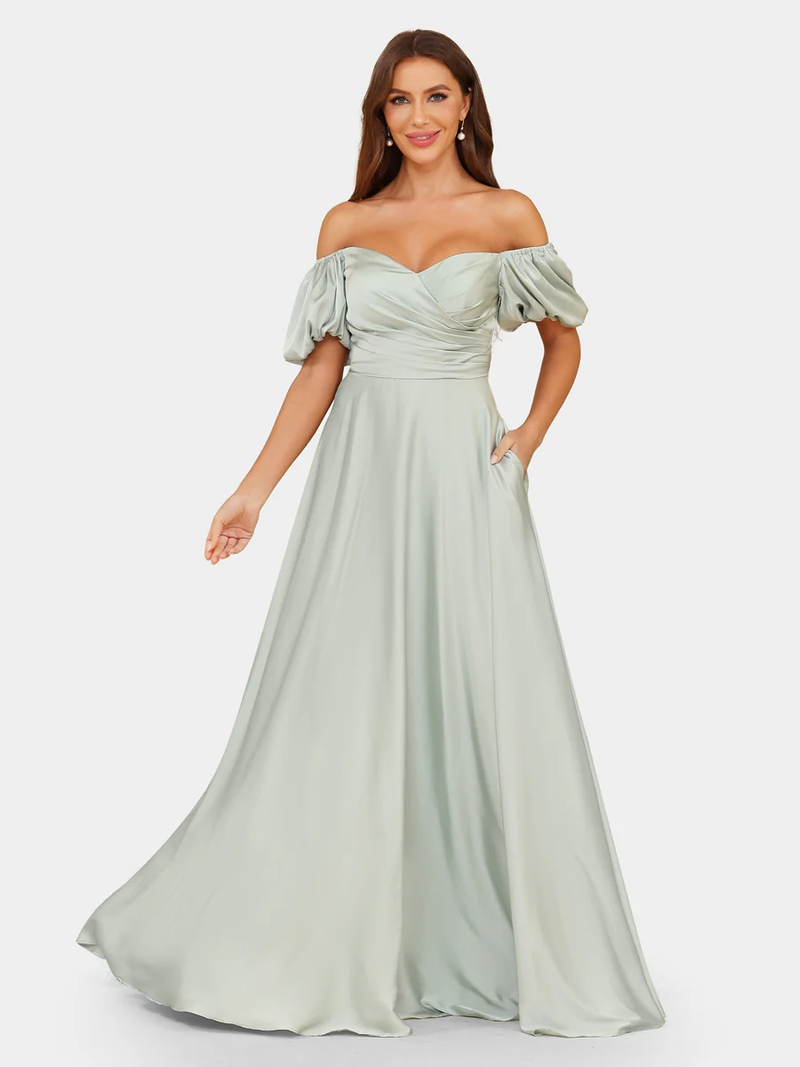 A-Line/Princess Off-the-Shoulder Puff Sleeves Bridesmaid Dresses with Ruched - Image 3