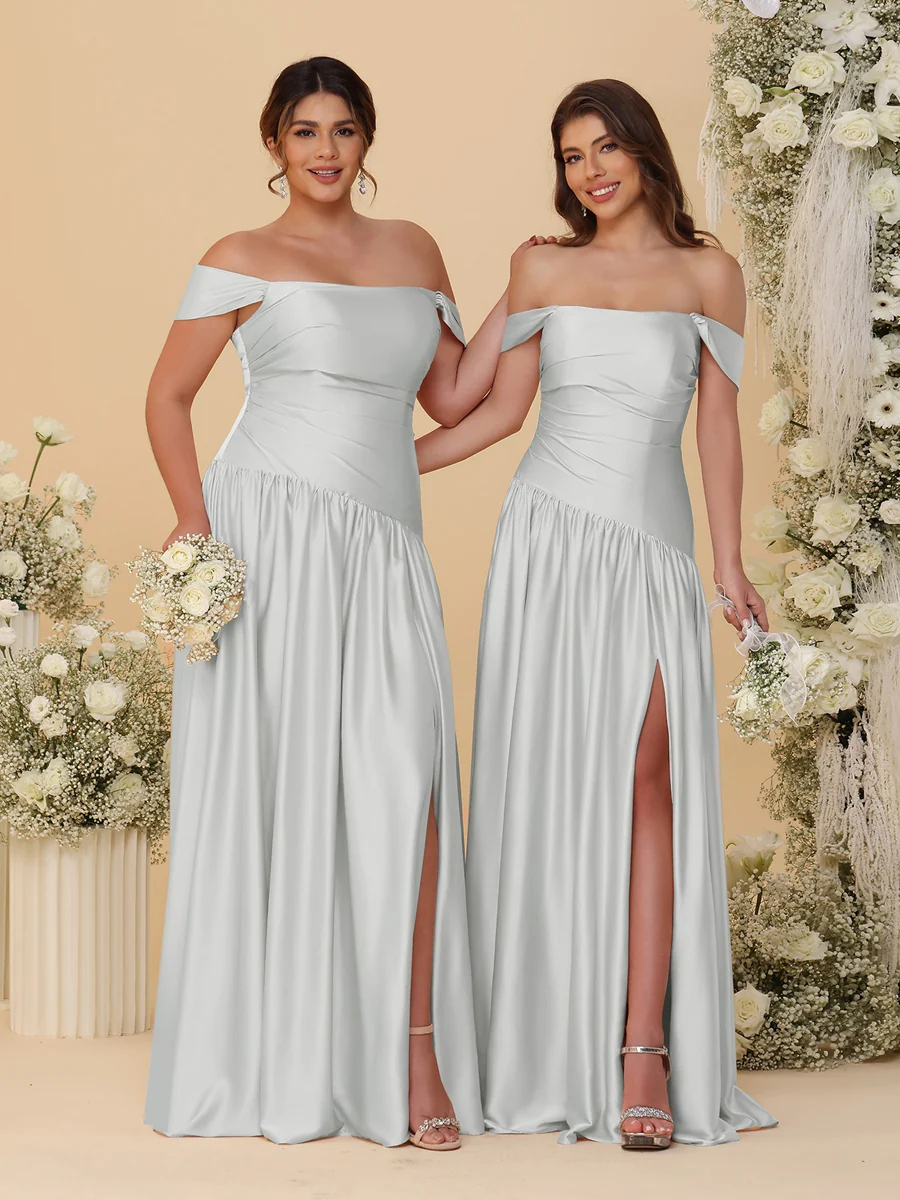 A-Line/Princess Off-the-Shoulder Ruched Long Bridesmaid Dresses With Side Slit & Pleats - Image 15