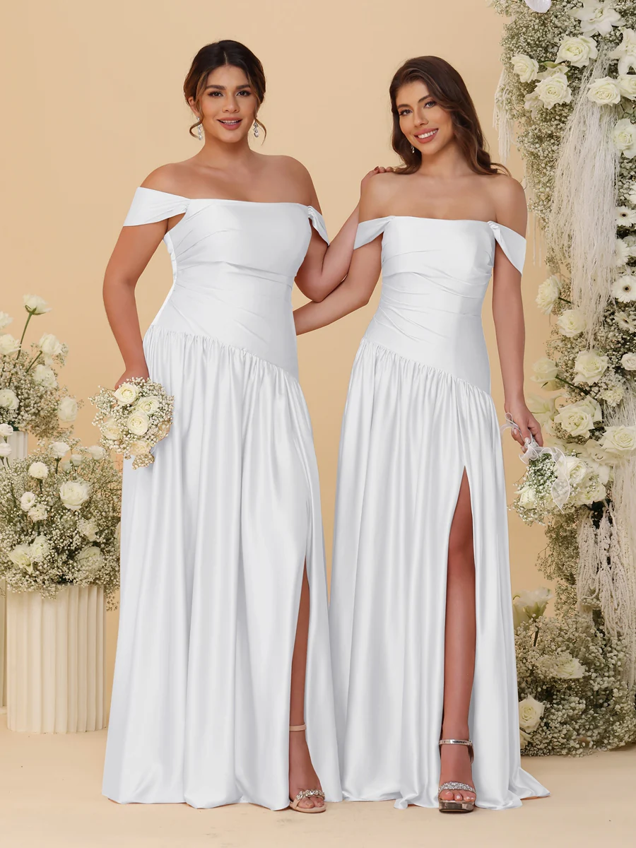 A-Line/Princess Off-the-Shoulder Ruched Long Bridesmaid Dresses With Side Slit & Pleats - Image 18