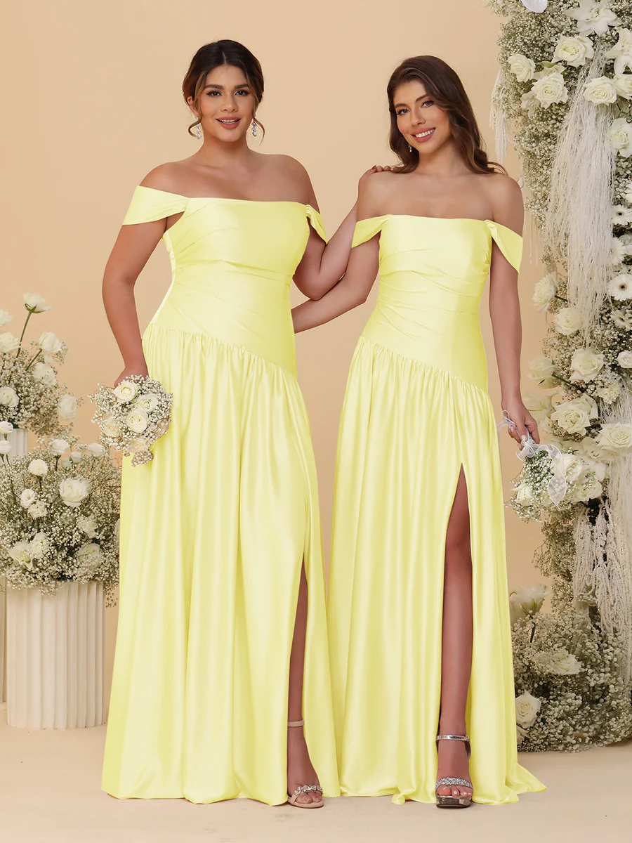 A-Line/Princess Off-the-Shoulder Ruched Long Bridesmaid Dresses With Side Slit & Pleats - Image 25