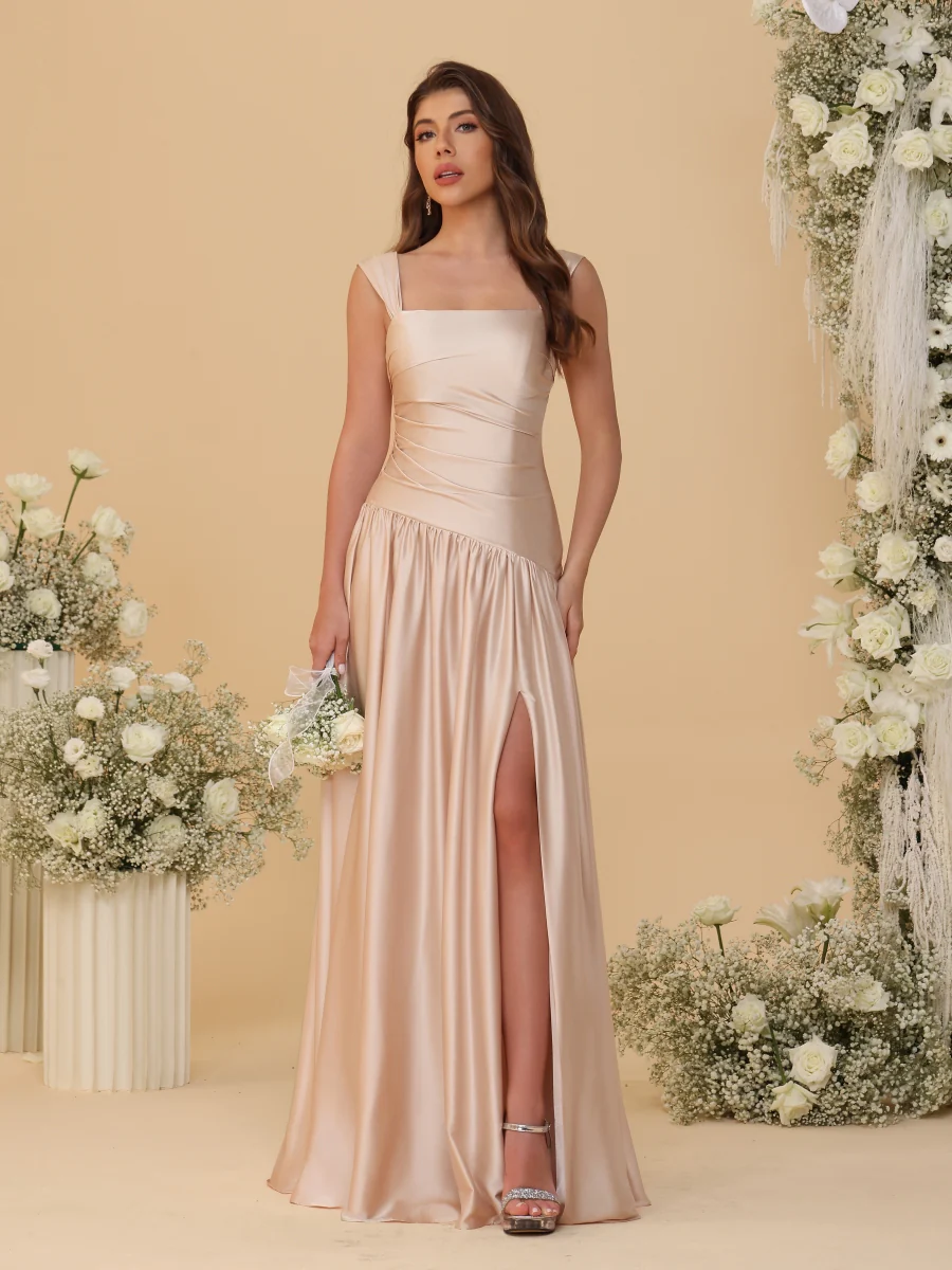 A-Line/Princess Off-the-Shoulder Ruched Long Bridesmaid Dresses With Side Slit & Pleats - Image 4