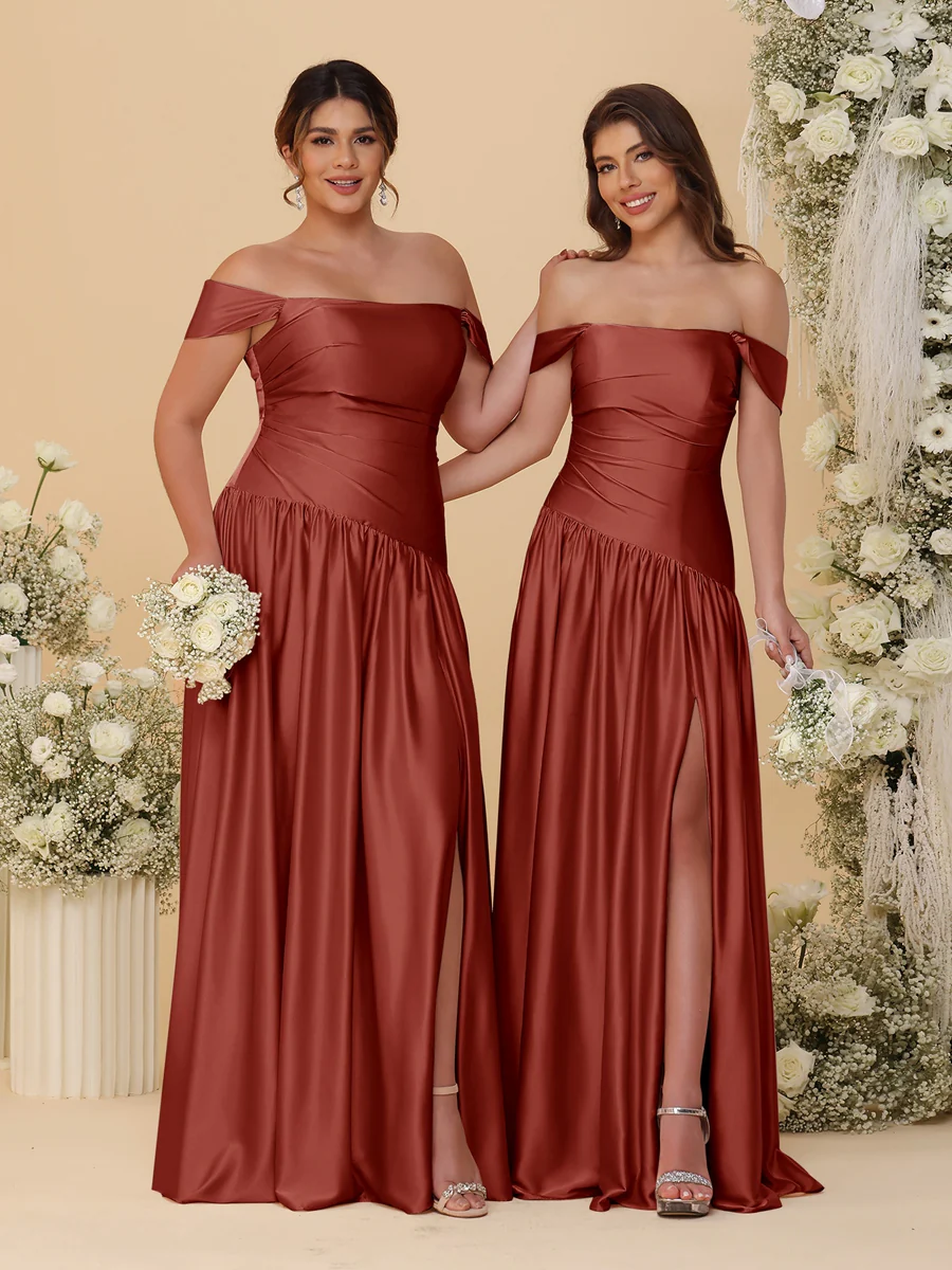 A-Line/Princess Off-the-Shoulder Ruched Long Bridesmaid Dresses With Side Slit & Pleats - Image 58