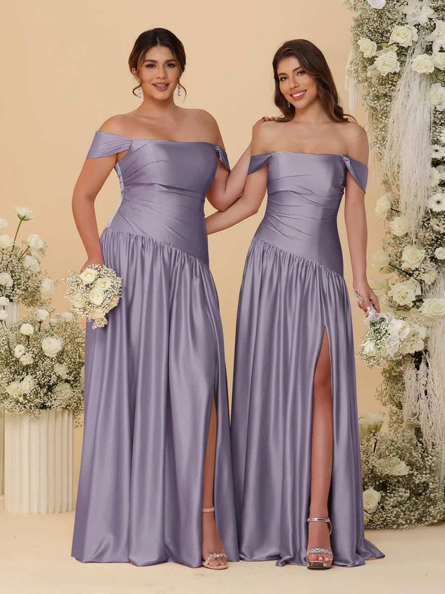 A-Line/Princess Off-the-Shoulder Ruched Long Bridesmaid Dresses With Side Slit & Pleats - Image 71