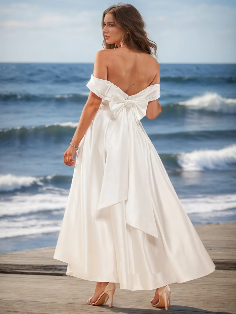 A-Line/Princess Off-the-Shoulder Short Sleeves Bow knot Wedding Dresses - Image 2