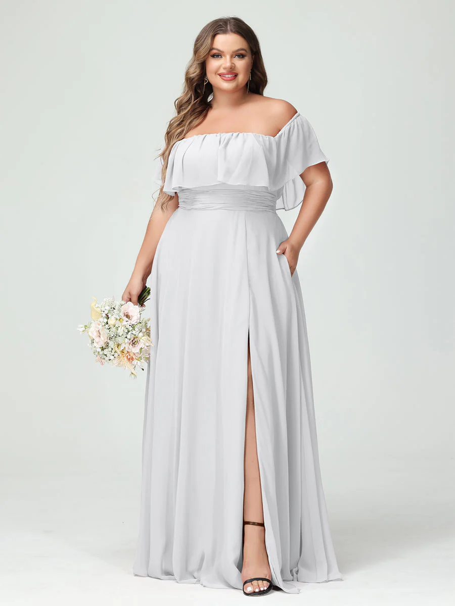 A-Line/Princess Off-the-Shoulder Short Sleeves Chiffon Split Side Plus Size Bridesmaid Dresses with Pockets - Image 19