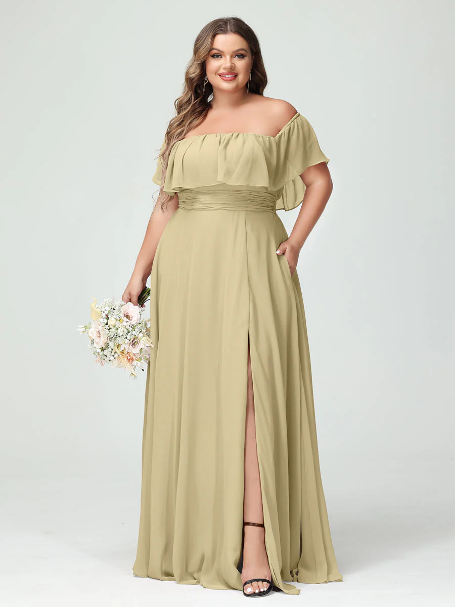A-Line/Princess Off-the-Shoulder Short Sleeves Chiffon Split Side Plus Size Bridesmaid Dresses with Pockets - Image 24