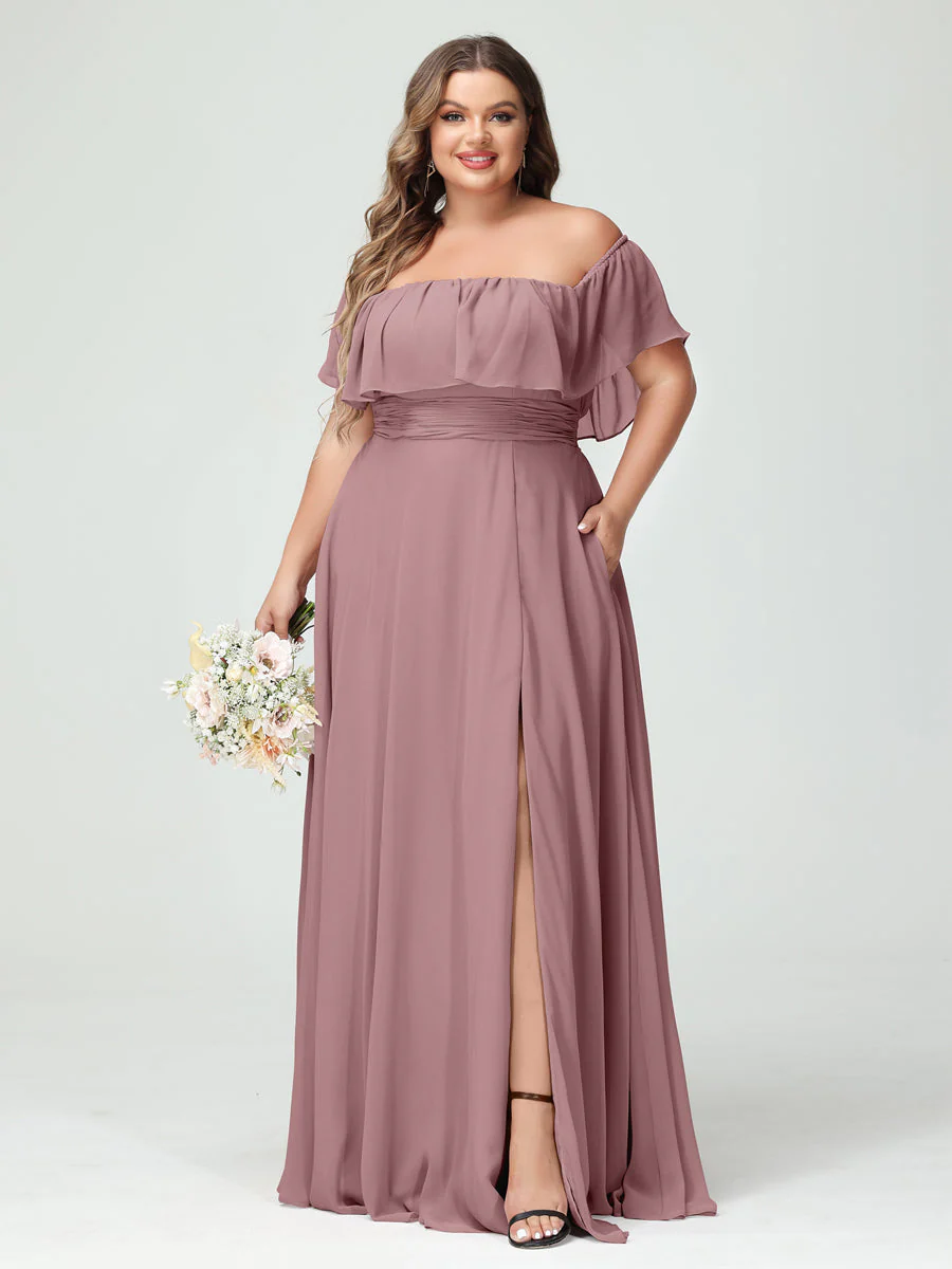 A-Line/Princess Off-the-Shoulder Short Sleeves Chiffon Split Side Plus Size Bridesmaid Dresses with Pockets - Image 31