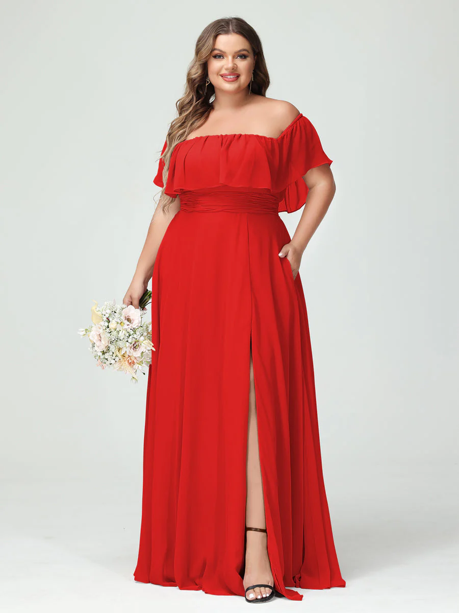 A-Line/Princess Off-the-Shoulder Short Sleeves Chiffon Split Side Plus Size Bridesmaid Dresses with Pockets - Image 36