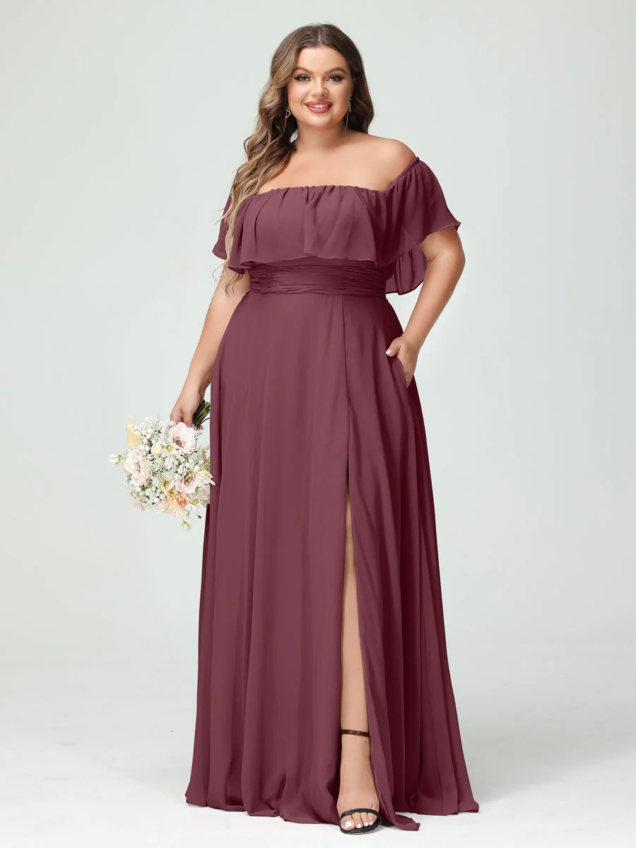 A-Line/Princess Off-the-Shoulder Short Sleeves Chiffon Split Side Plus Size Bridesmaid Dresses with Pockets - Image 43