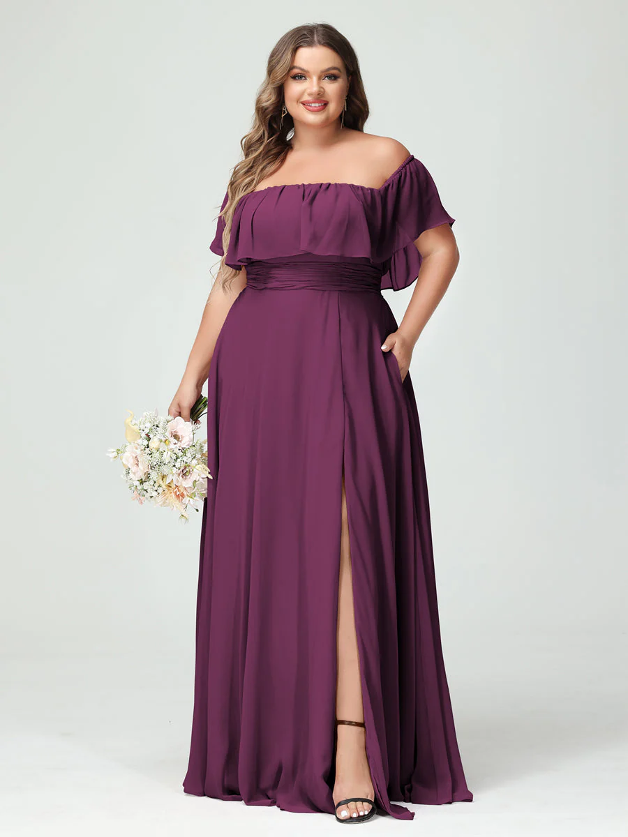 A-Line/Princess Off-the-Shoulder Short Sleeves Chiffon Split Side Plus Size Bridesmaid Dresses with Pockets - Image 44
