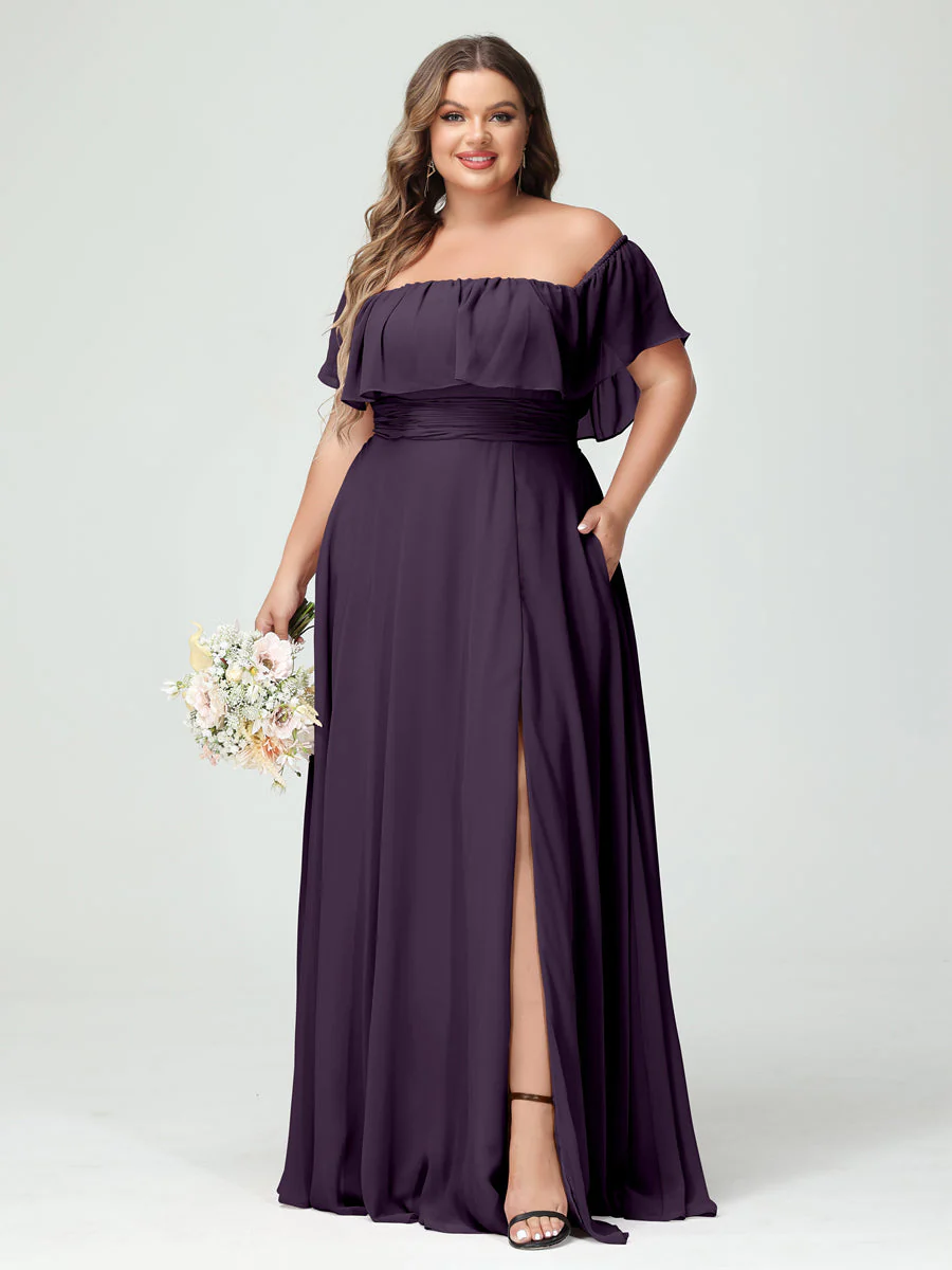 A-Line/Princess Off-the-Shoulder Short Sleeves Chiffon Split Side Plus Size Bridesmaid Dresses with Pockets - Image 46