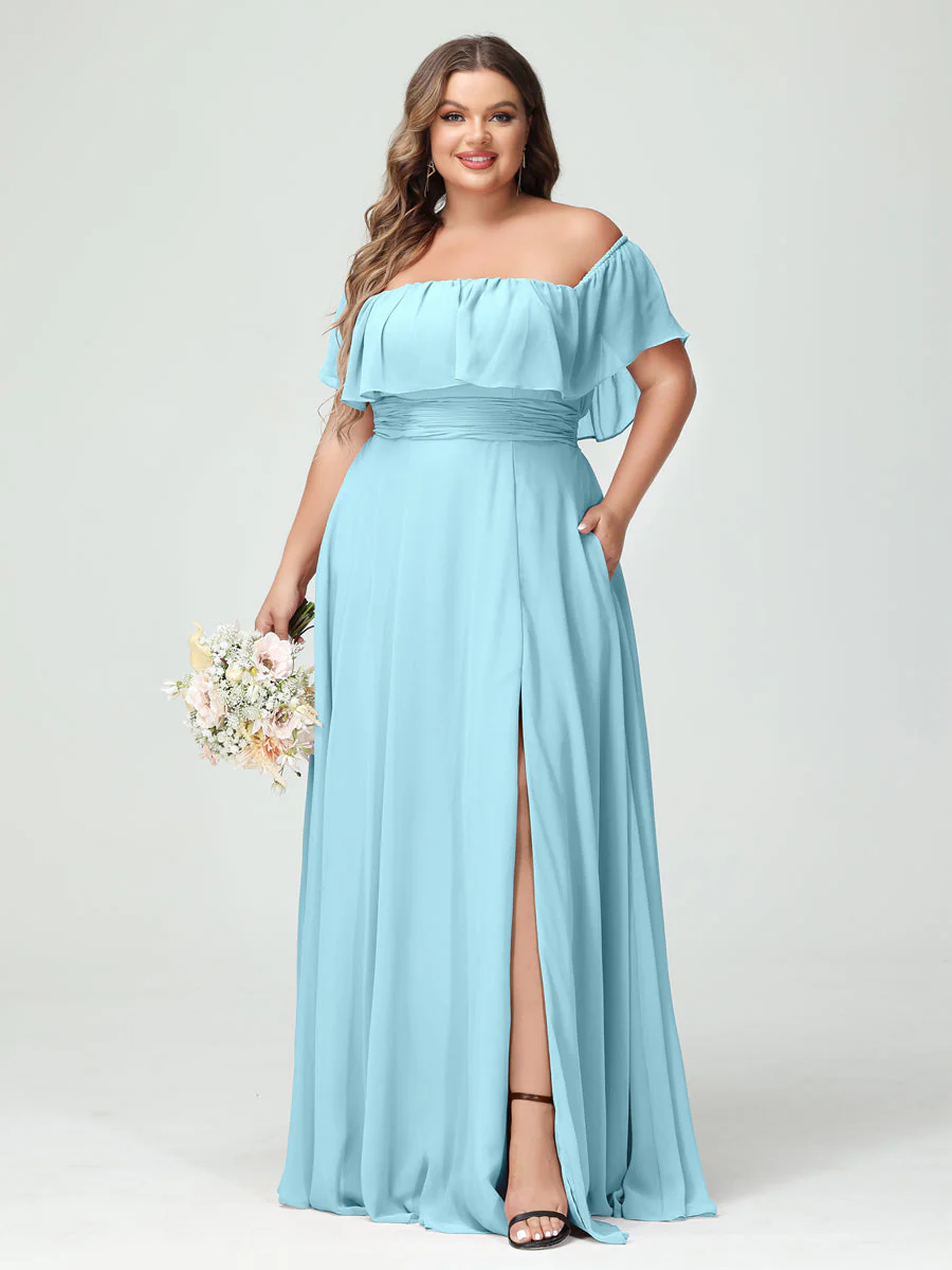 A-Line/Princess Off-the-Shoulder Short Sleeves Chiffon Split Side Plus Size Bridesmaid Dresses with Pockets - Image 49