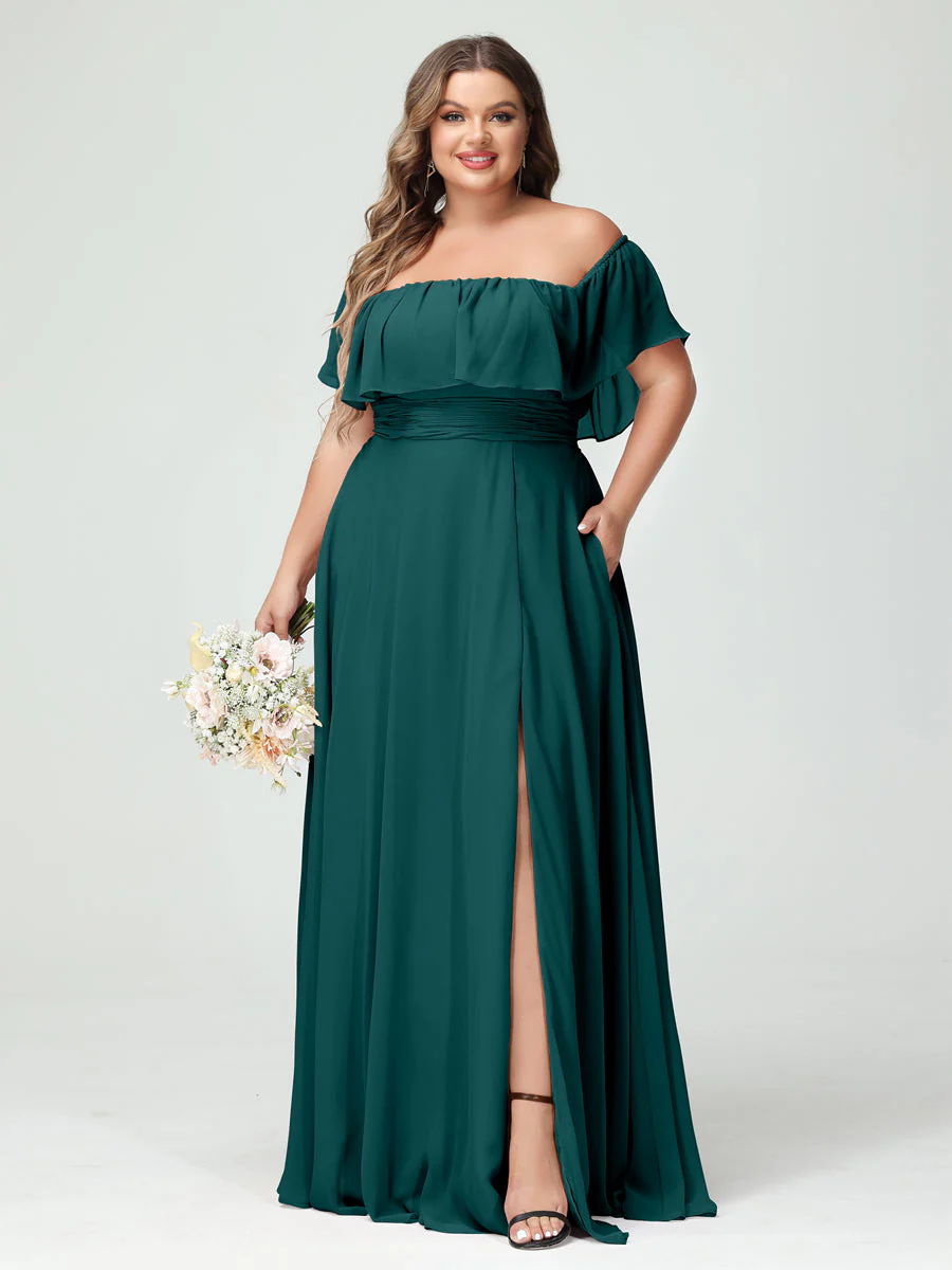 A-Line/Princess Off-the-Shoulder Short Sleeves Chiffon Split Side Plus Size Bridesmaid Dresses with Pockets - Image 66