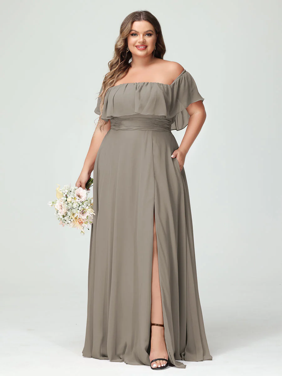 A-Line/Princess Off-the-Shoulder Short Sleeves Chiffon Split Side Plus Size Bridesmaid Dresses with Pockets - Image 73