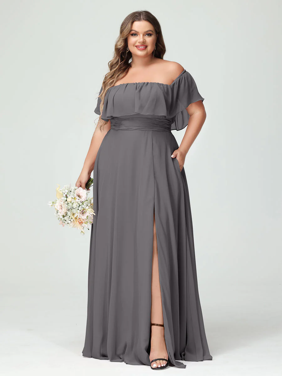 A-Line/Princess Off-the-Shoulder Short Sleeves Chiffon Split Side Plus Size Bridesmaid Dresses with Pockets - Image 74
