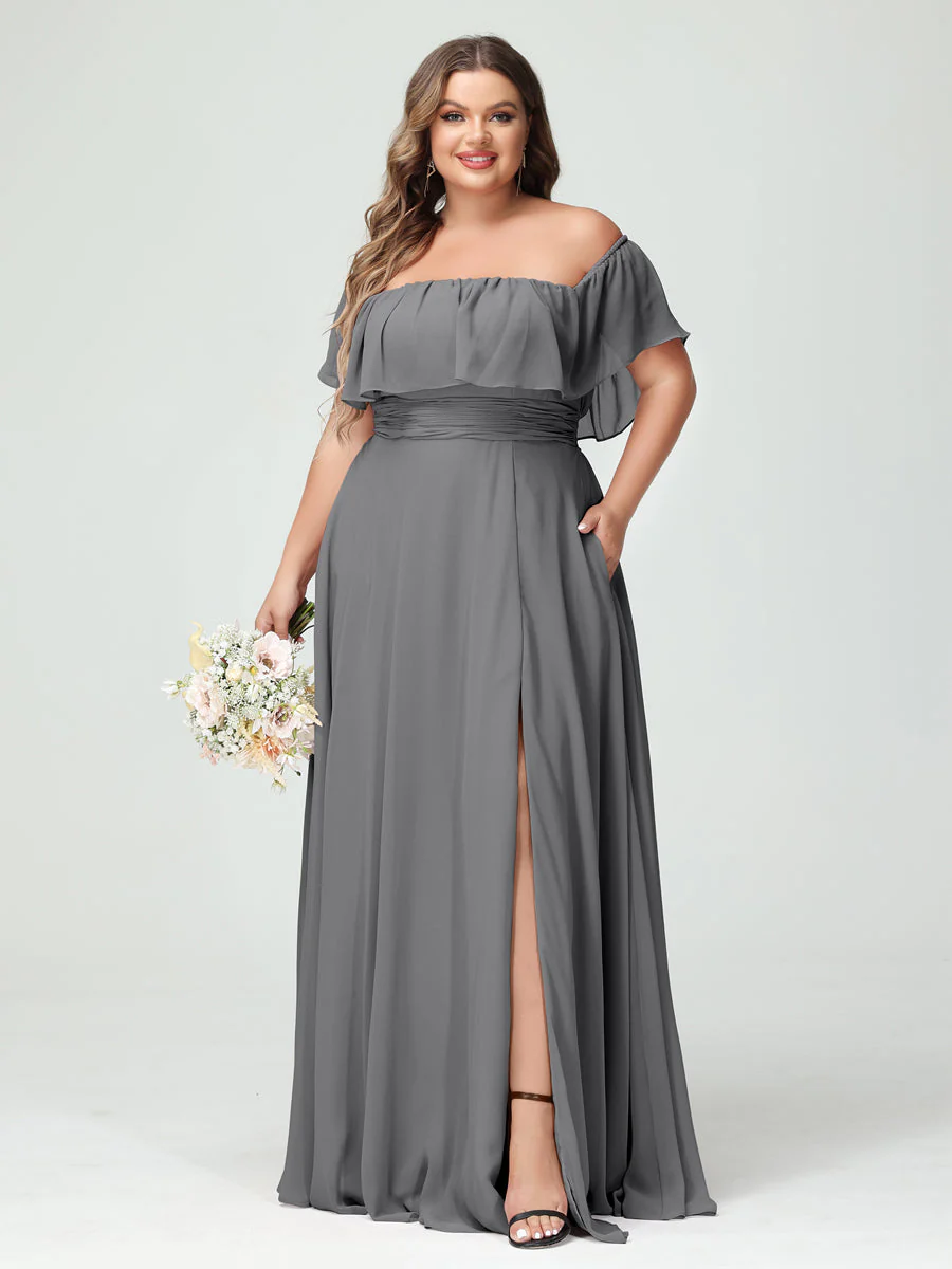 A-Line/Princess Off-the-Shoulder Short Sleeves Chiffon Split Side Plus Size Bridesmaid Dresses with Pockets - Image 75