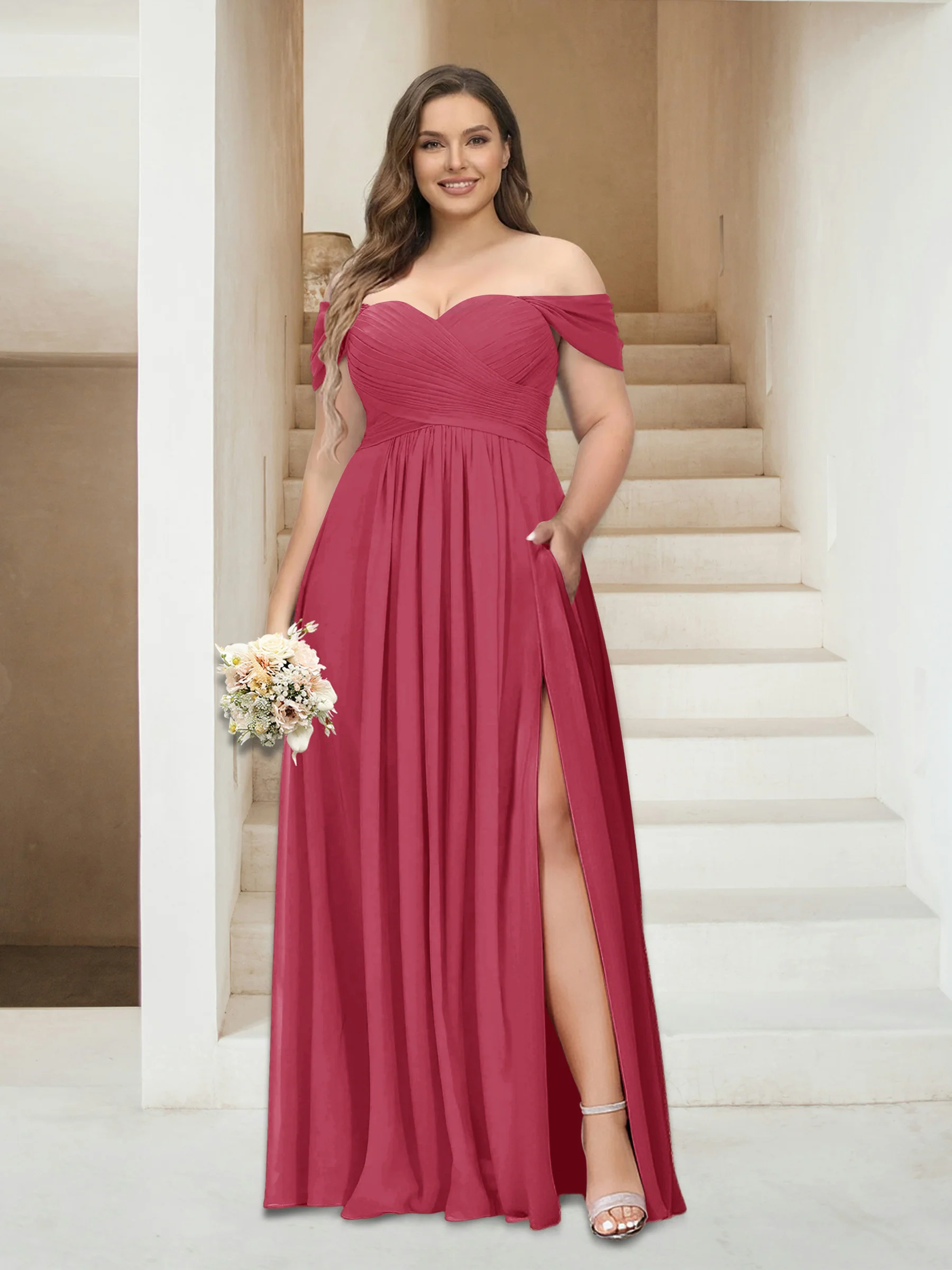 A-Line/Princess Off-the-Shoulder Sleeveless Chiffon Plus Size Bridesmaid Dresses with Pockets - Image 20