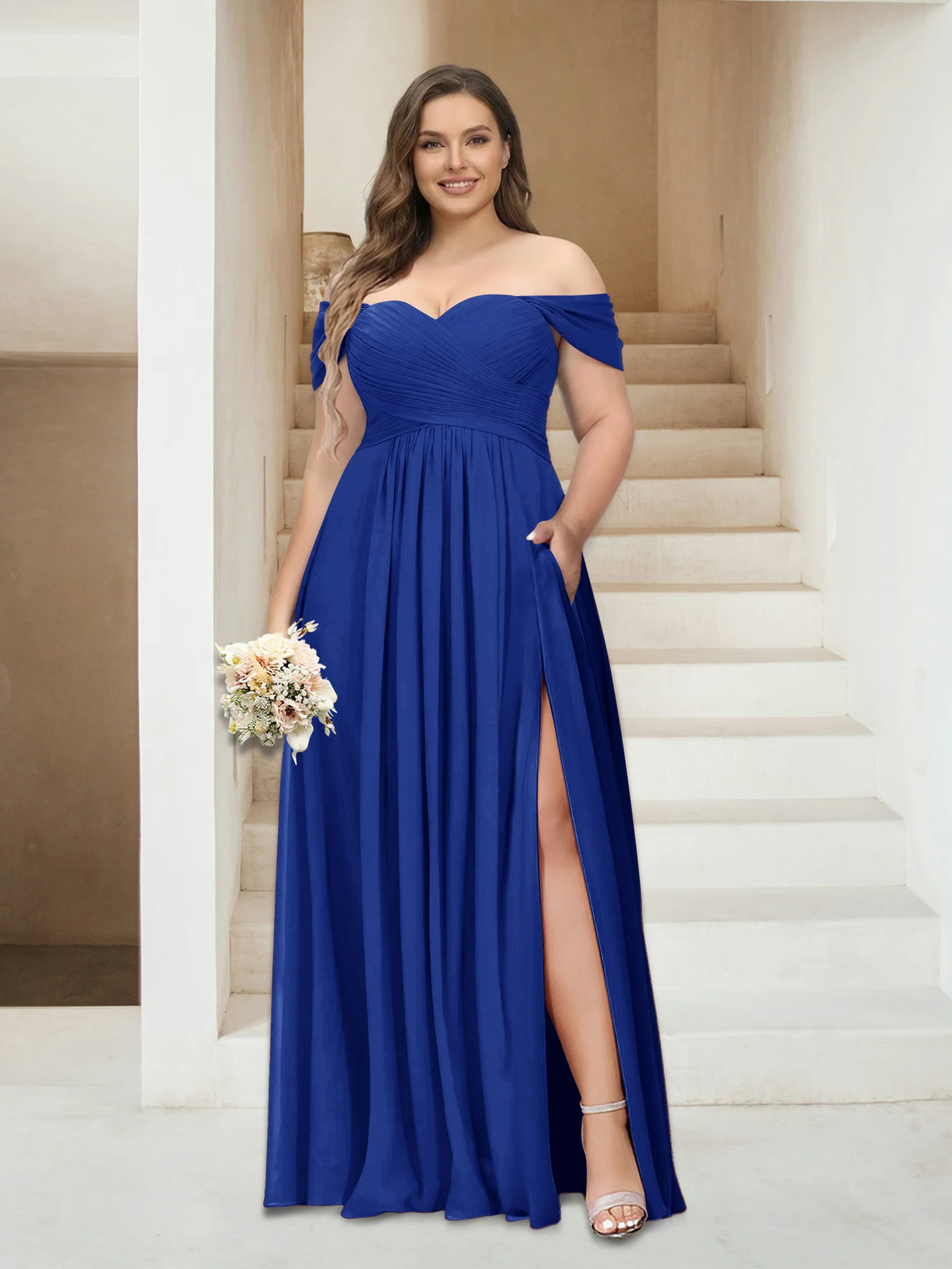 A-Line/Princess Off-the-Shoulder Sleeveless Chiffon Plus Size Bridesmaid Dresses with Pockets - Image 33