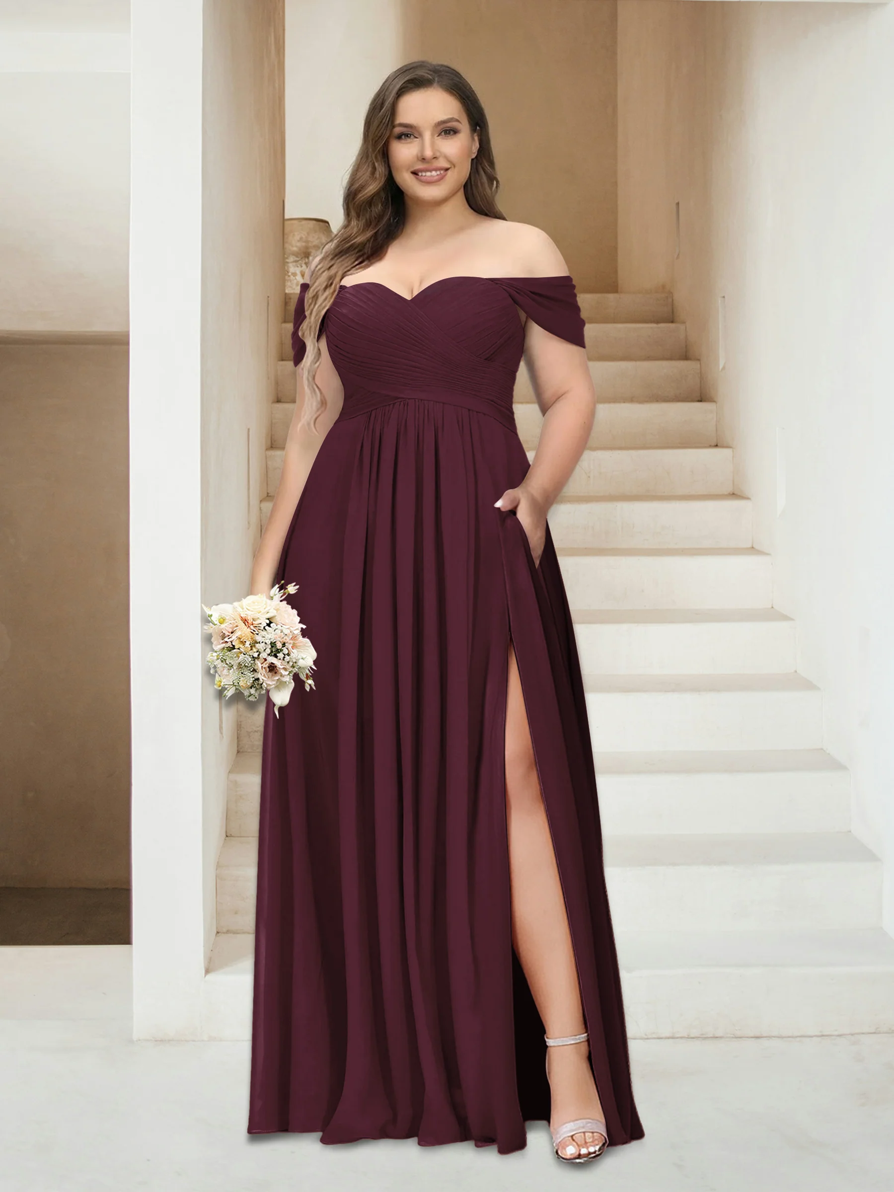 A-Line/Princess Off-the-Shoulder Sleeveless Chiffon Plus Size Bridesmaid Dresses with Pockets - Image 6