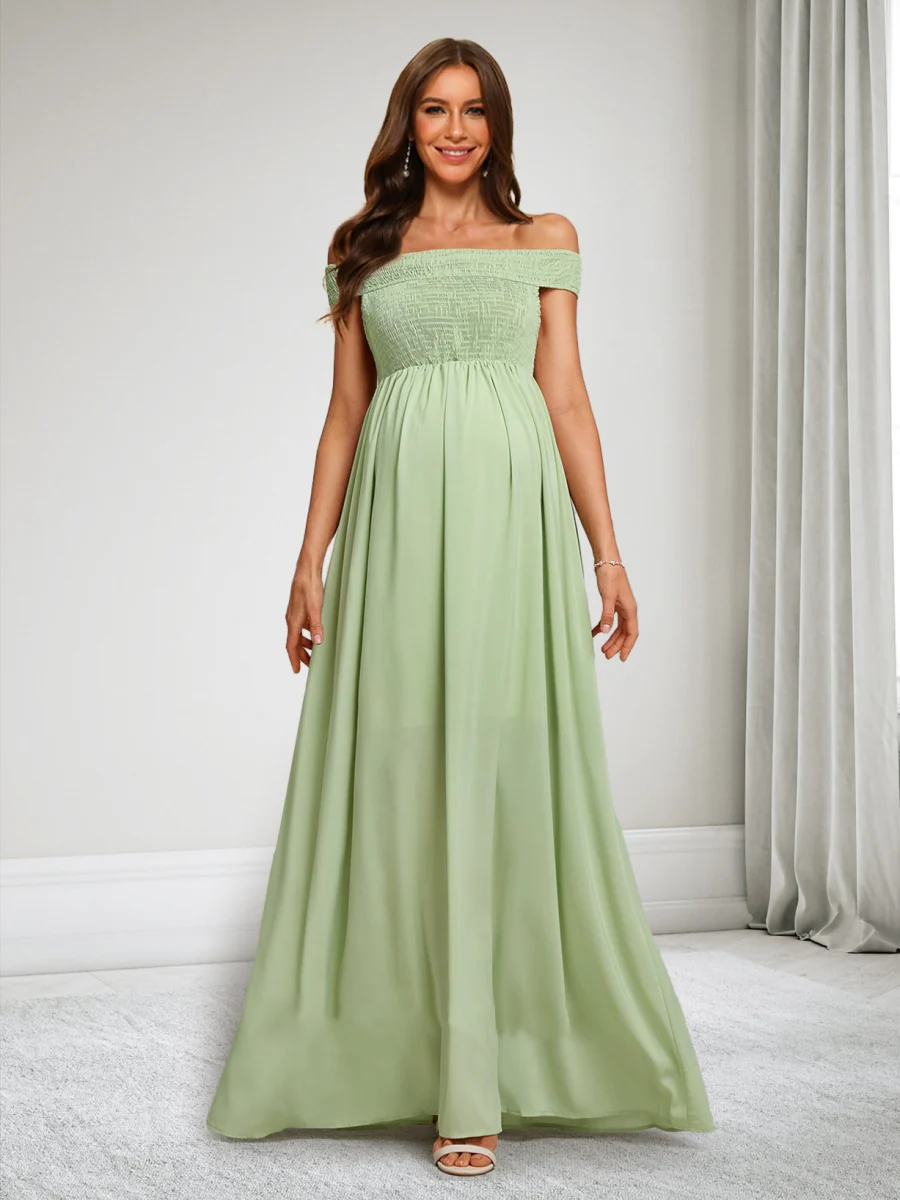 A-Line/Princess Off-the-Shoulder Sleeveless Floor-Length Baby Shower Dresses with Pleats - Image 4