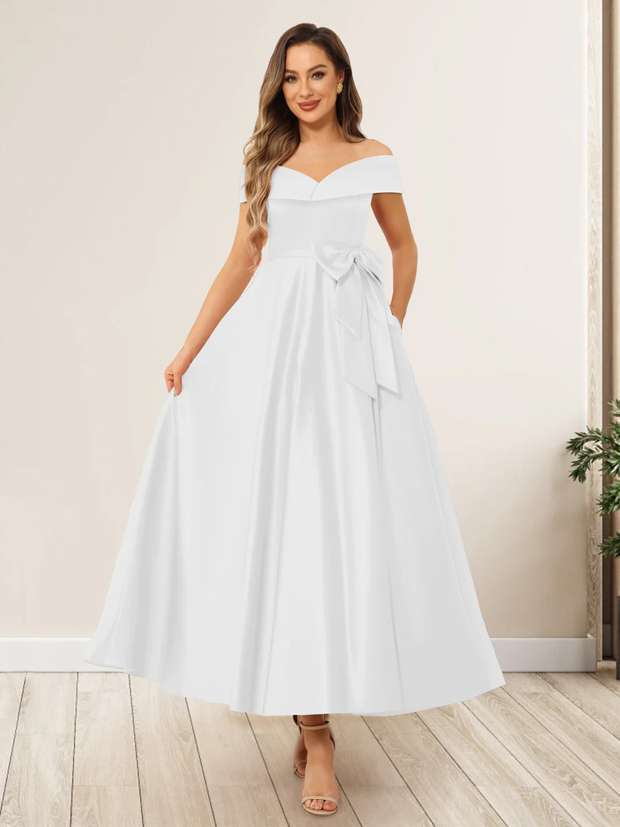 A-Line/Princess Off-The-Shoulder Sleeveless Long Wedding Guest Dresses with Bow Knot - Image 14