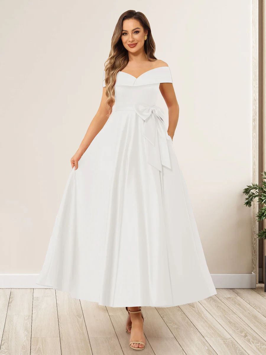 A-Line/Princess Off-The-Shoulder Sleeveless Long Wedding Guest Dresses with Bow Knot - Image 15