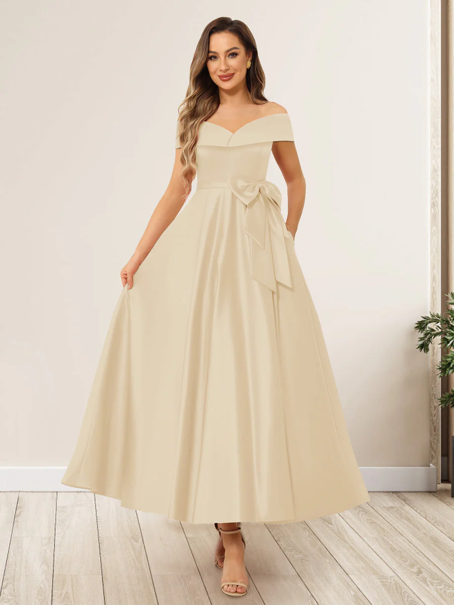 A-Line/Princess Off-The-Shoulder Sleeveless Long Wedding Guest Dresses with Bow Knot - Image 18
