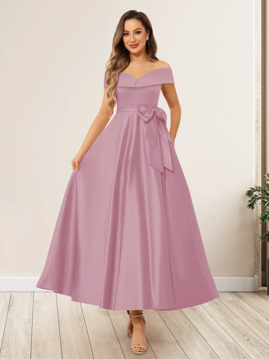 A-Line/Princess Off-The-Shoulder Sleeveless Long Wedding Guest Dresses with Bow Knot - Image 24
