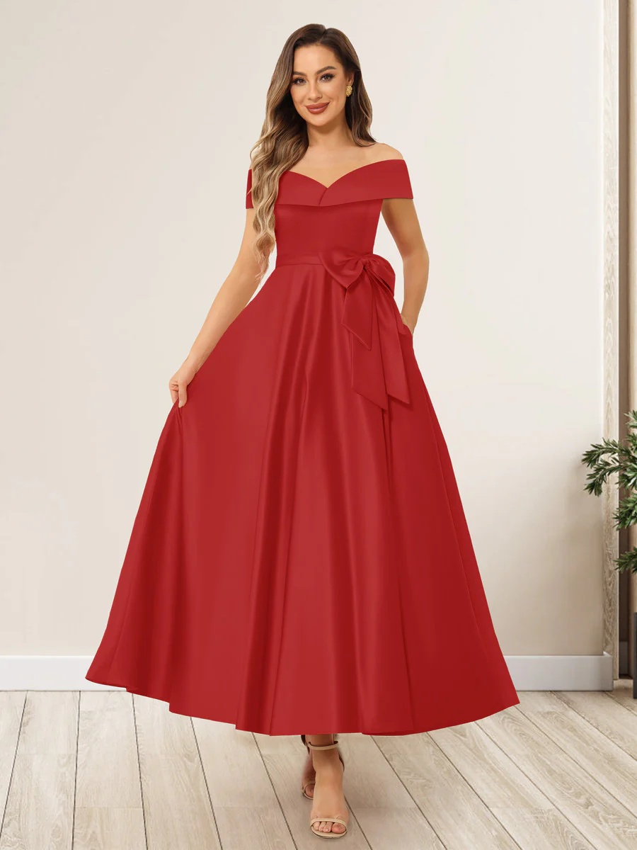 A-Line/Princess Off-The-Shoulder Sleeveless Long Wedding Guest Dresses with Bow Knot - Image 29