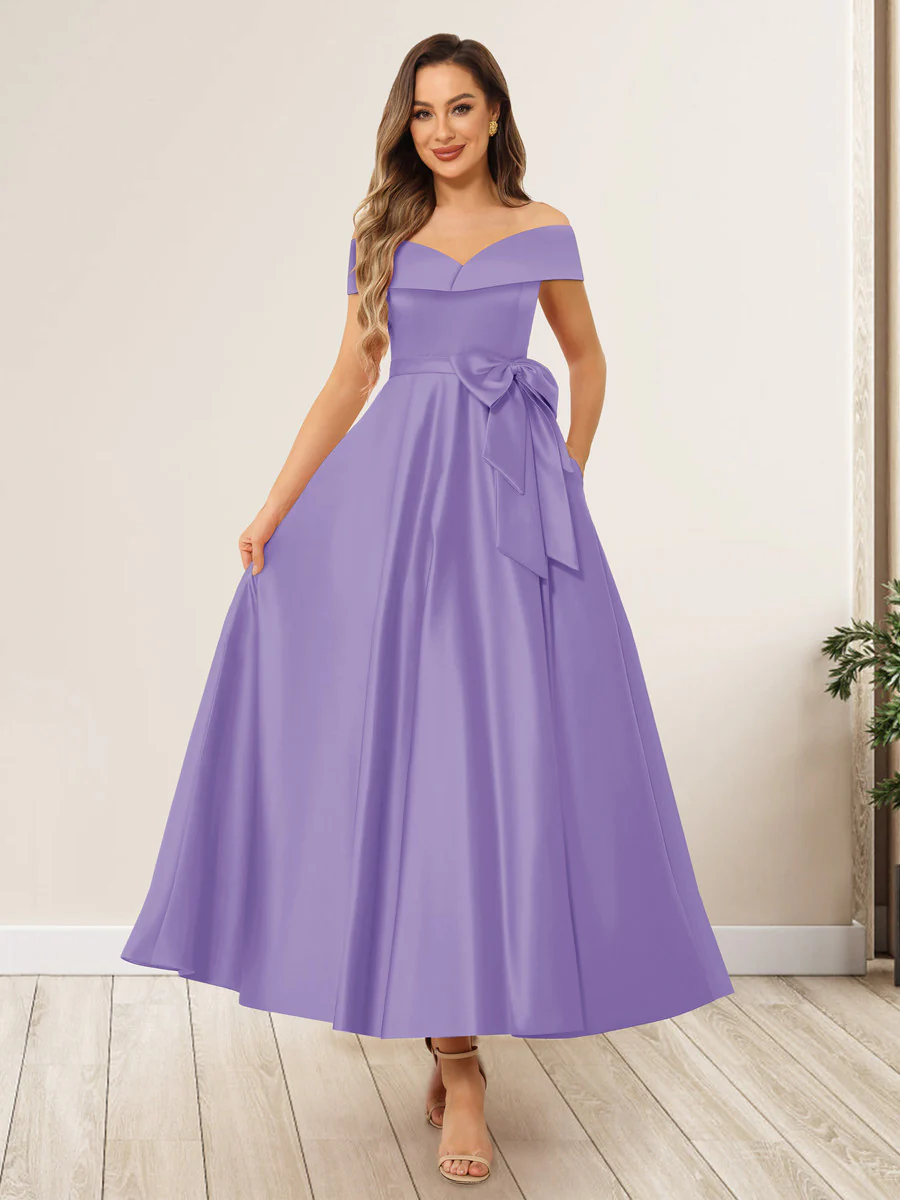 A-Line/Princess Off-The-Shoulder Sleeveless Long Wedding Guest Dresses with Bow Knot - Image 33
