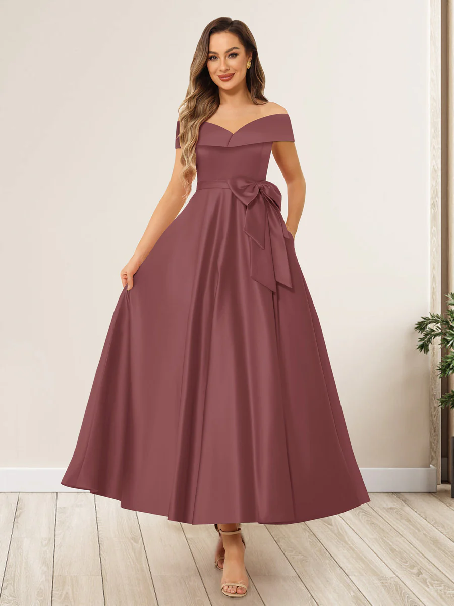 A-Line/Princess Off-The-Shoulder Sleeveless Long Wedding Guest Dresses with Bow Knot - Image 36