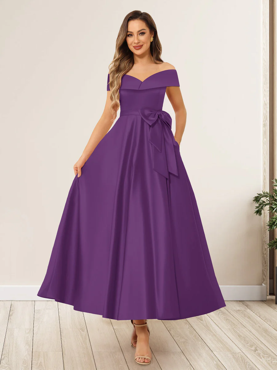 A-Line/Princess Off-The-Shoulder Sleeveless Long Wedding Guest Dresses with Bow Knot - Image 38