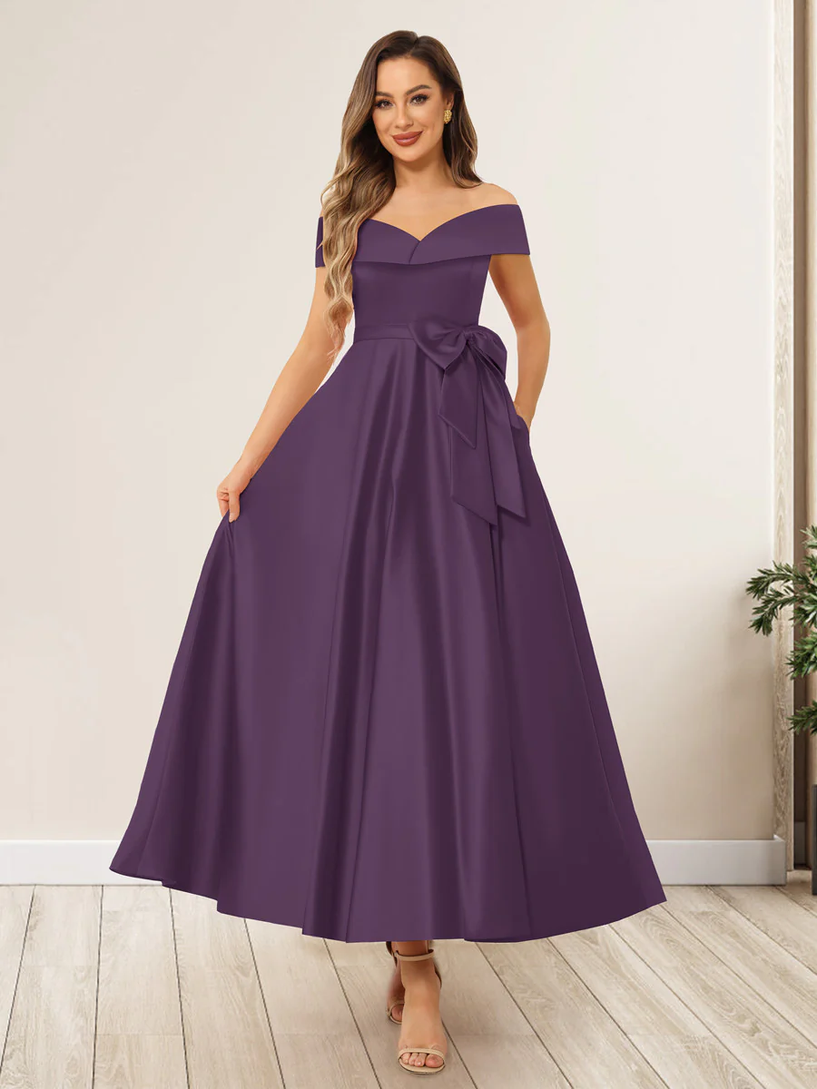 A-Line/Princess Off-The-Shoulder Sleeveless Long Wedding Guest Dresses with Bow Knot - Image 39