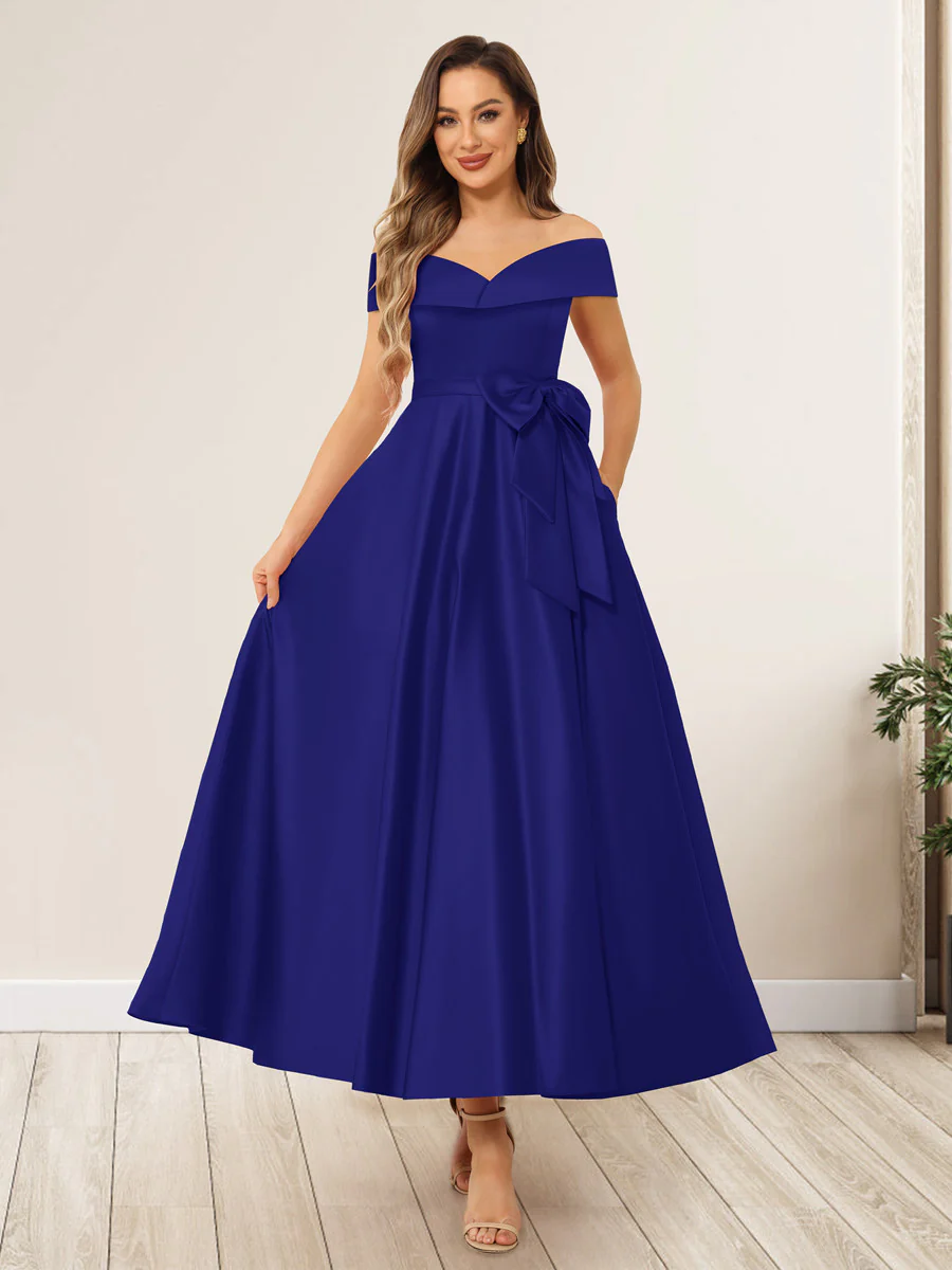 A-Line/Princess Off-The-Shoulder Sleeveless Long Wedding Guest Dresses with Bow Knot - Image 49