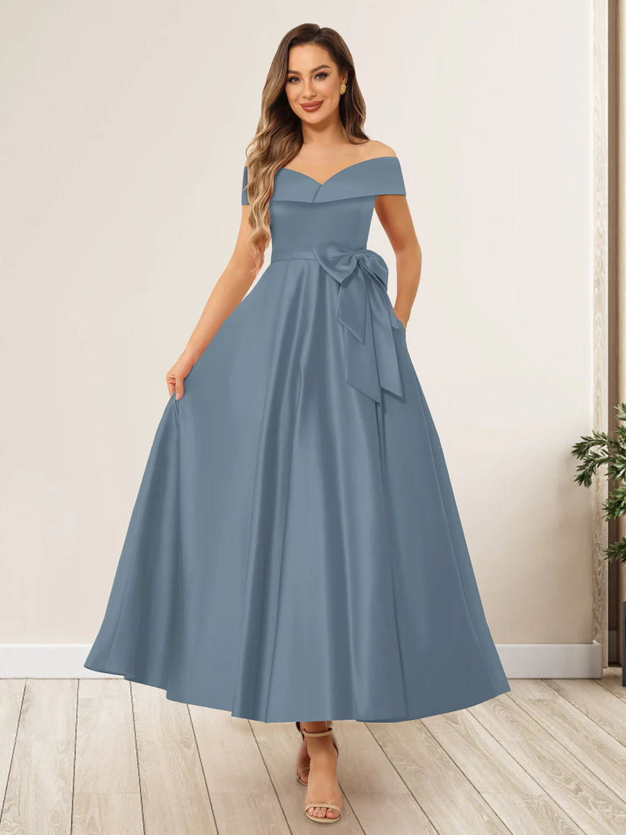 A-Line/Princess Off-The-Shoulder Sleeveless Long Wedding Guest Dresses with Bow Knot - Image 5