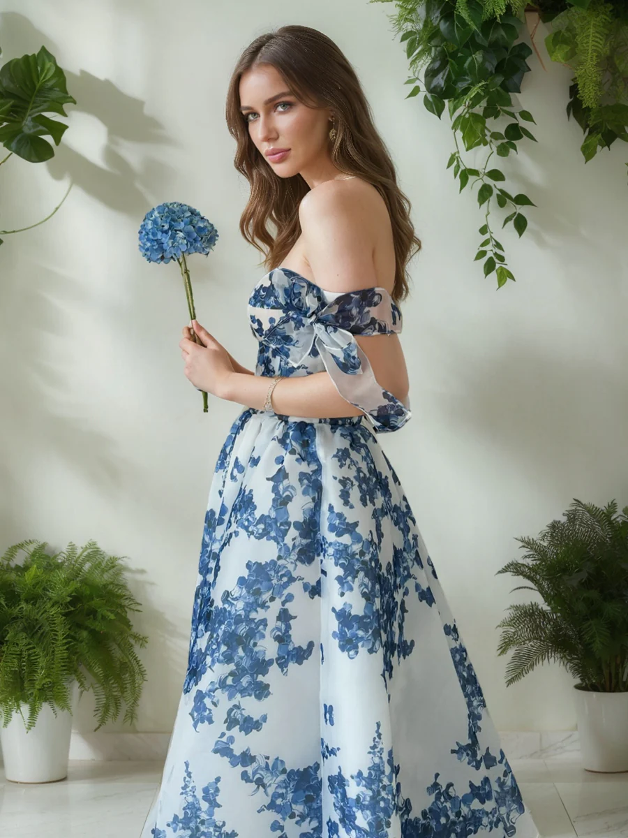A-Line/Princess Off-the-Shoulder Sleeveless Tea-Length Floral Prom Dresses - Image 2