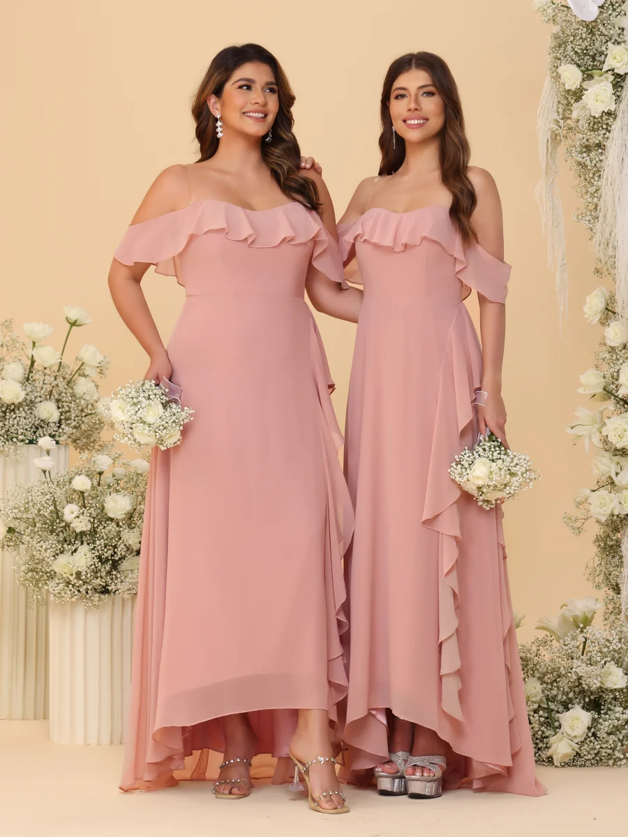 A-Line/Princess Off-the-Shoulder Spaghetti Straps Sleeveless Bridesmaid Dresses with Ruffles - Image 3