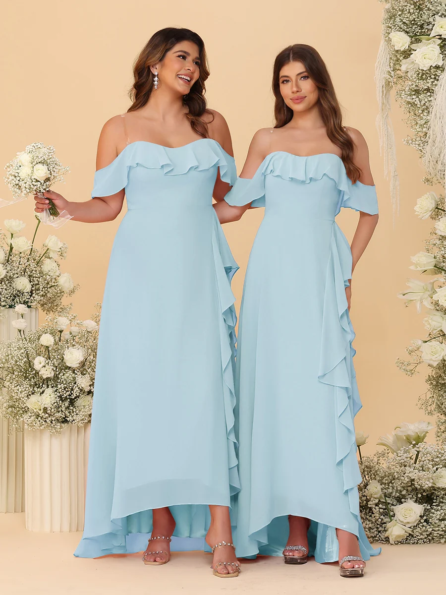 A-Line/Princess Off-the-Shoulder Spaghetti Straps Sleeveless Bridesmaid Dresses with Ruffles - Image 32