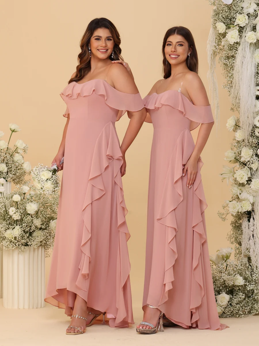 A-Line/Princess Off-the-Shoulder Spaghetti Straps Sleeveless Bridesmaid Dresses with Ruffles - Image 4