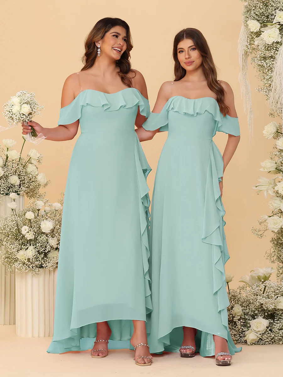 A-Line/Princess Off-the-Shoulder Spaghetti Straps Sleeveless Bridesmaid Dresses with Ruffles - Image 42
